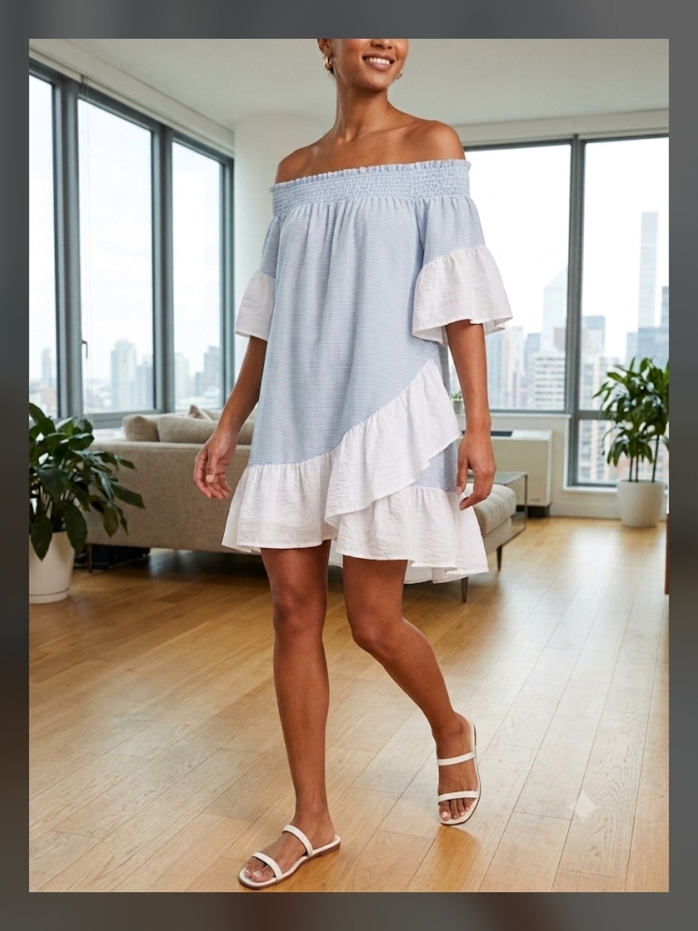 Off-Shoulder Light Blue and White Ruffle Asymmetrical Dress